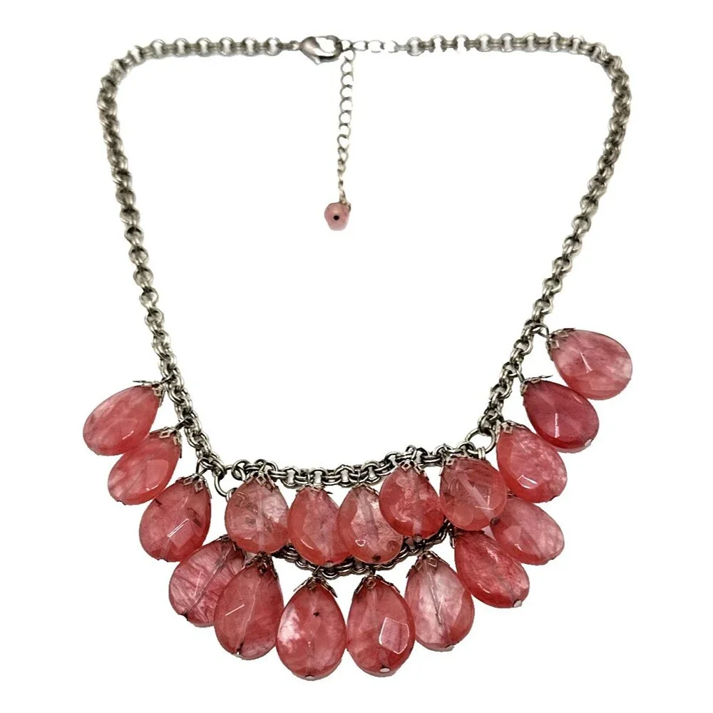 Rose Quartz Bib Necklace Double Strand Teardrop Dangle Stone Bead Statement 18